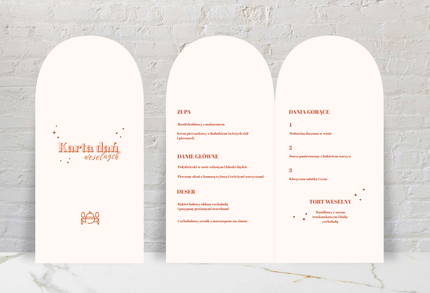 Menu ślubne składane, kremowe w nowoczesnym kształcie, na papierze premium