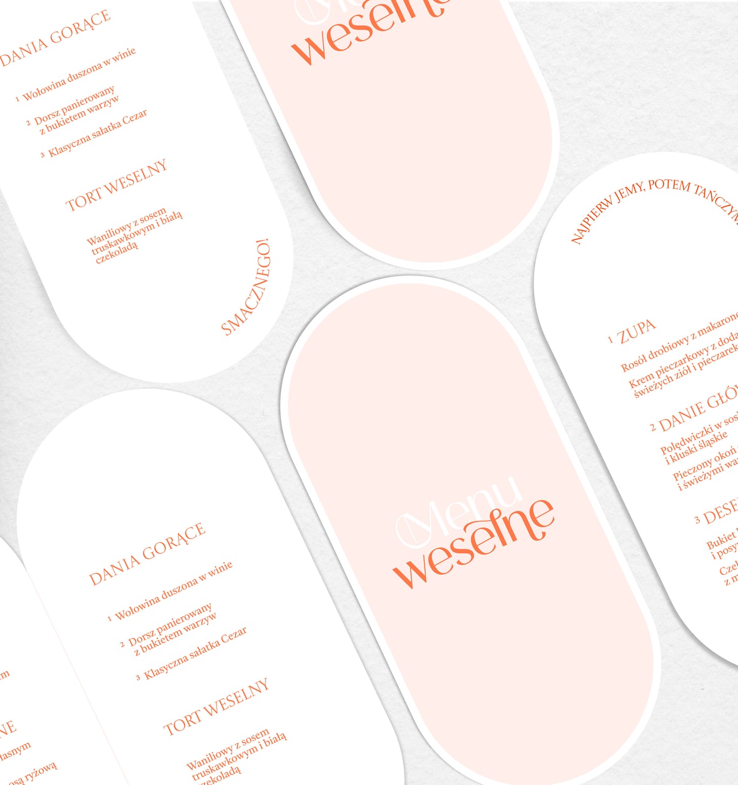 Menu ślubne składane o owalnym kształcie, artystyczne wykonanie, papier premium
