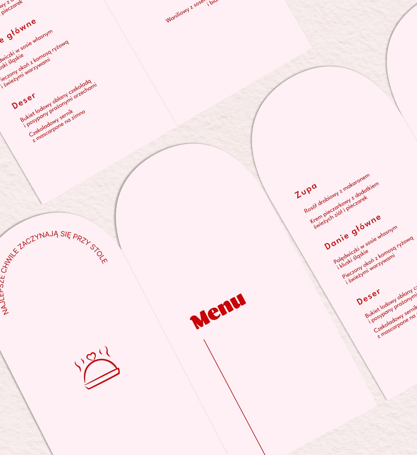 Menu ślubne składane, pastelowy róż, żywe kolory, nowoczesne