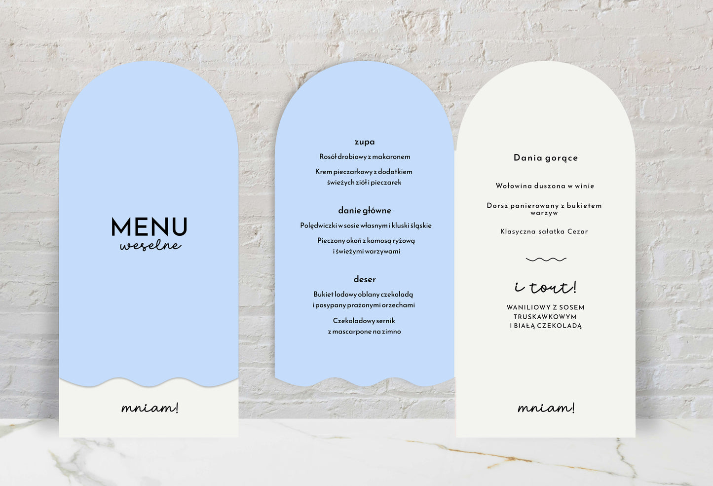 Menu ślubne składane, w błękitnej barwie z fantazyjnym wzorem, papier premium