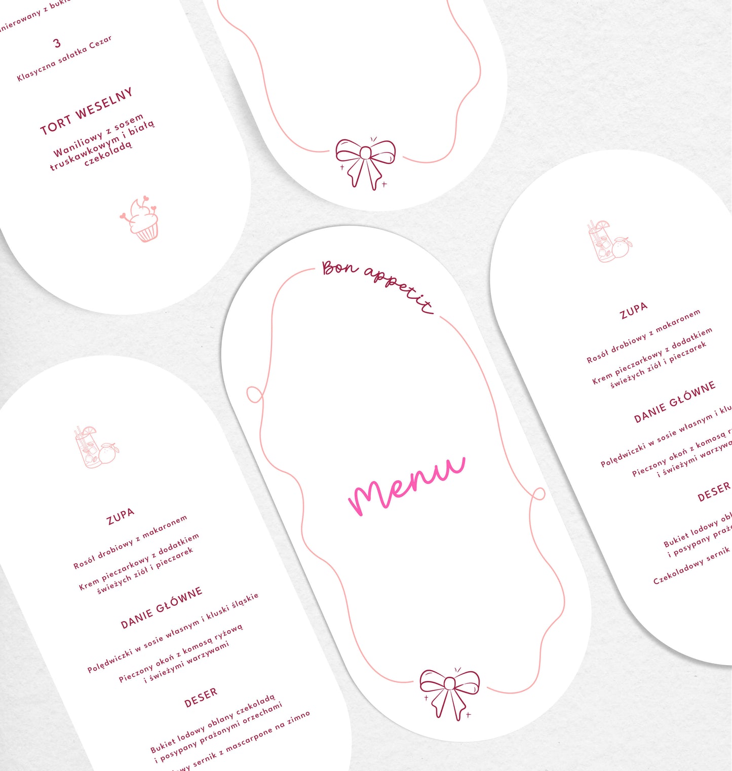 Menu weselne składane z nowoczesnym wzorem na białym papierze premium