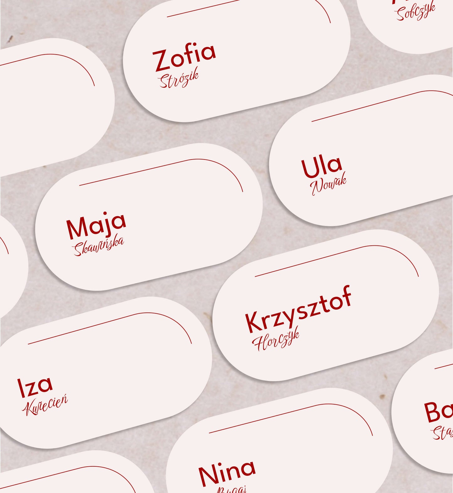 Winietki ślubne w nowoczesnym ksztalcie, kremowe, minimalistyczne wzory, papier premium