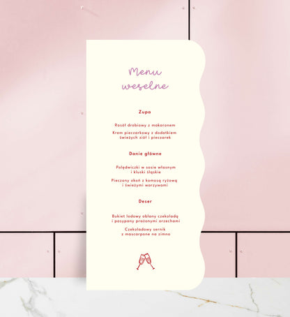 Menu ślubne jednokartkowe, nietypowe kształty, oryginalne, papier premium