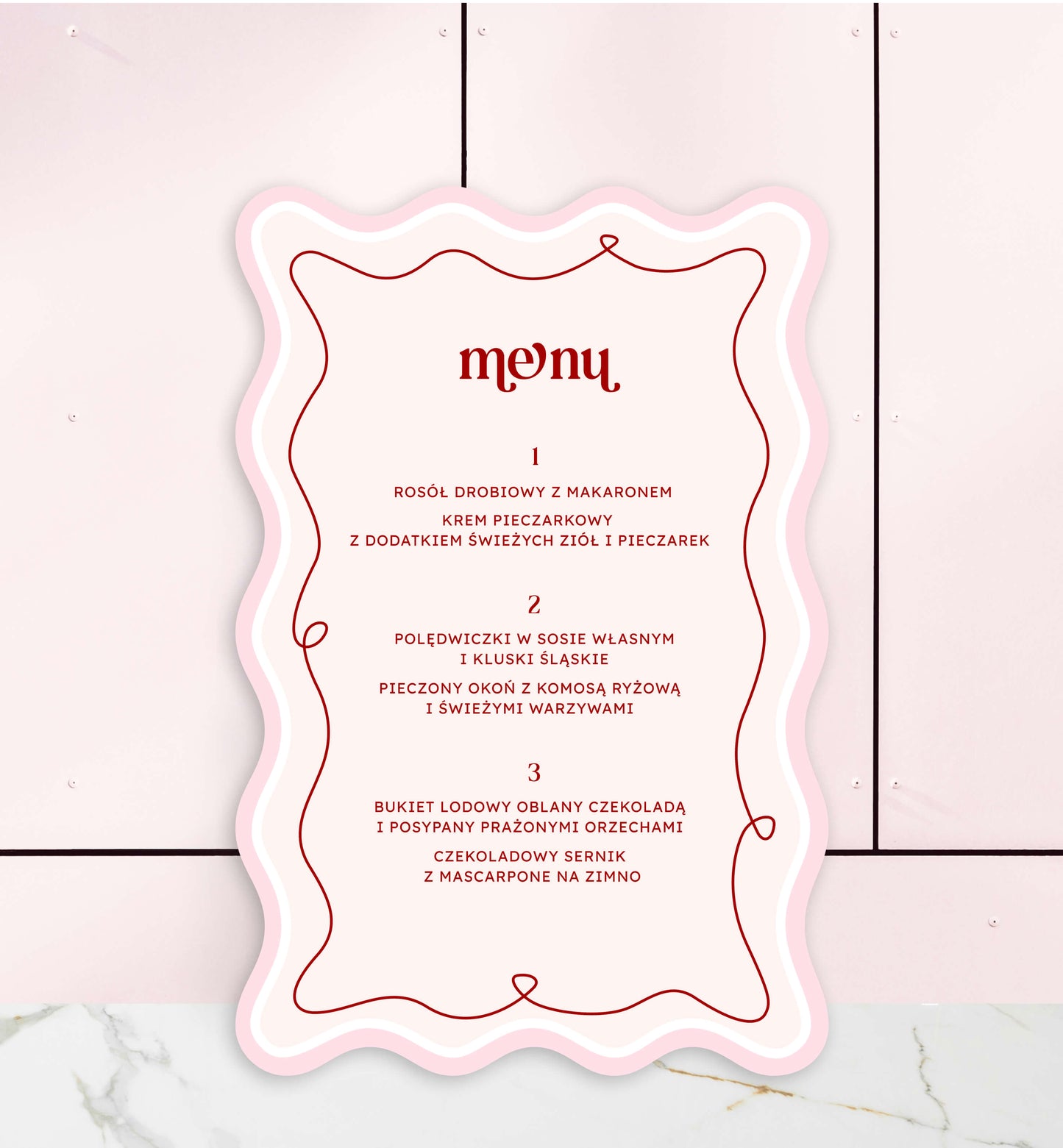 Menu jednokartkowe ślubne, dekoracyjne, ozdobne, różowe, papier premium