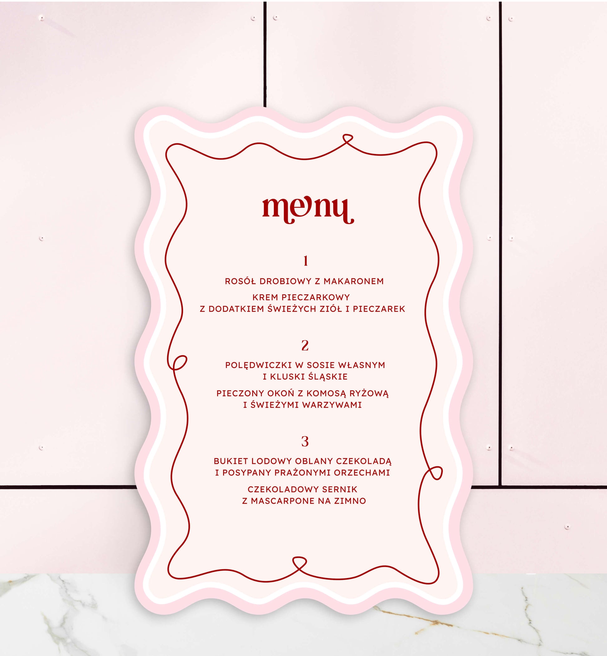 Menu jednokartkowe ślubne, dekoracyjne, ozdobne, różowe, papier premium