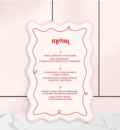 Menu jednokartkowe ślubne, dekoracyjne, ozdobne, różowe, papier premium