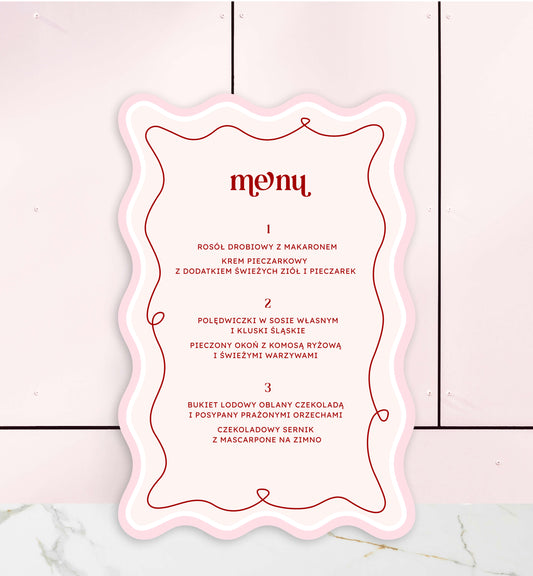 Menu jednokartkowe ślubne, dekoracyjne, ozdobne, różowe, papier premium