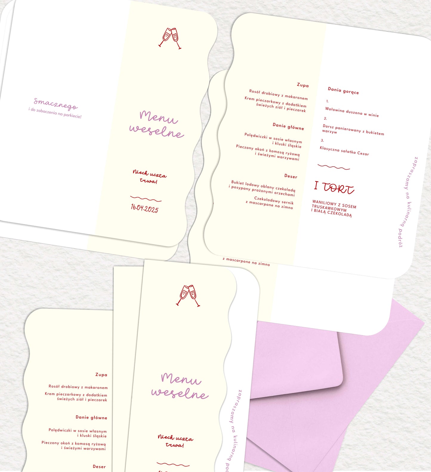 Menu ślubne składane, oryginalne, niestandardowe, papier premium