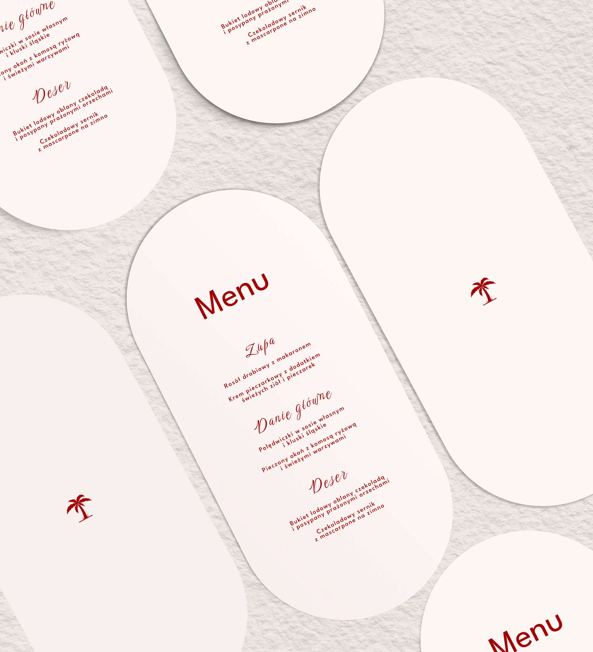 Menu ślubne dwustronne jednokartkowe, kremowe, nowoczesne kształty, papier premium