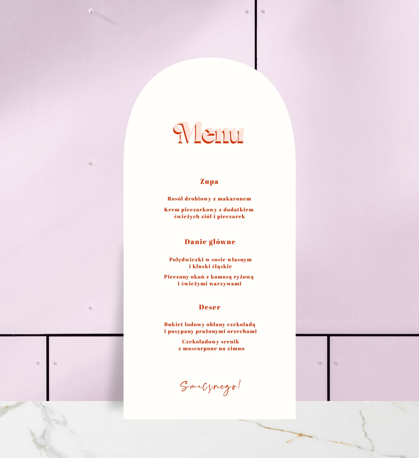Menu jednokartkowe ślubne, fantazyjny wzór i nietypowy owalny kształt, artystyczne wykonanie na papierze premium