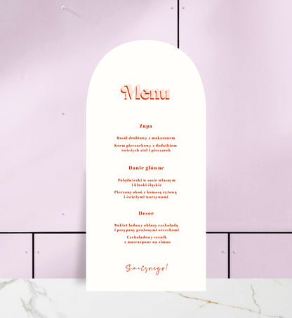 Menu jednokartkowe ślubne, fantazyjny wzór i nietypowy owalny kształt, artystyczne wykonanie na papierze premium