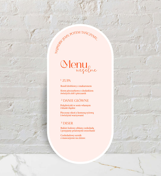 Menu ślubne jednokartkowe, eleganckie, nowoczesne, o artystycznym charakterze, wykonane na papierze premium