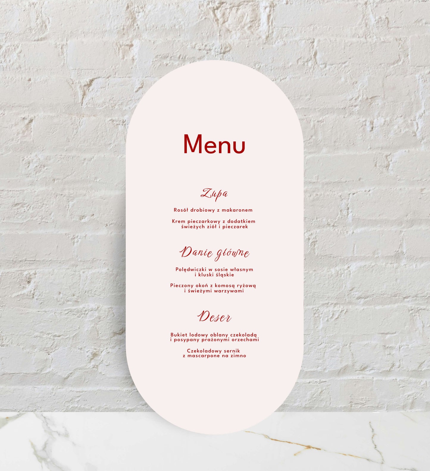 Menu ślubne jednokartkowe kremowe, subtelne, artystyczna forma, na papierze premium