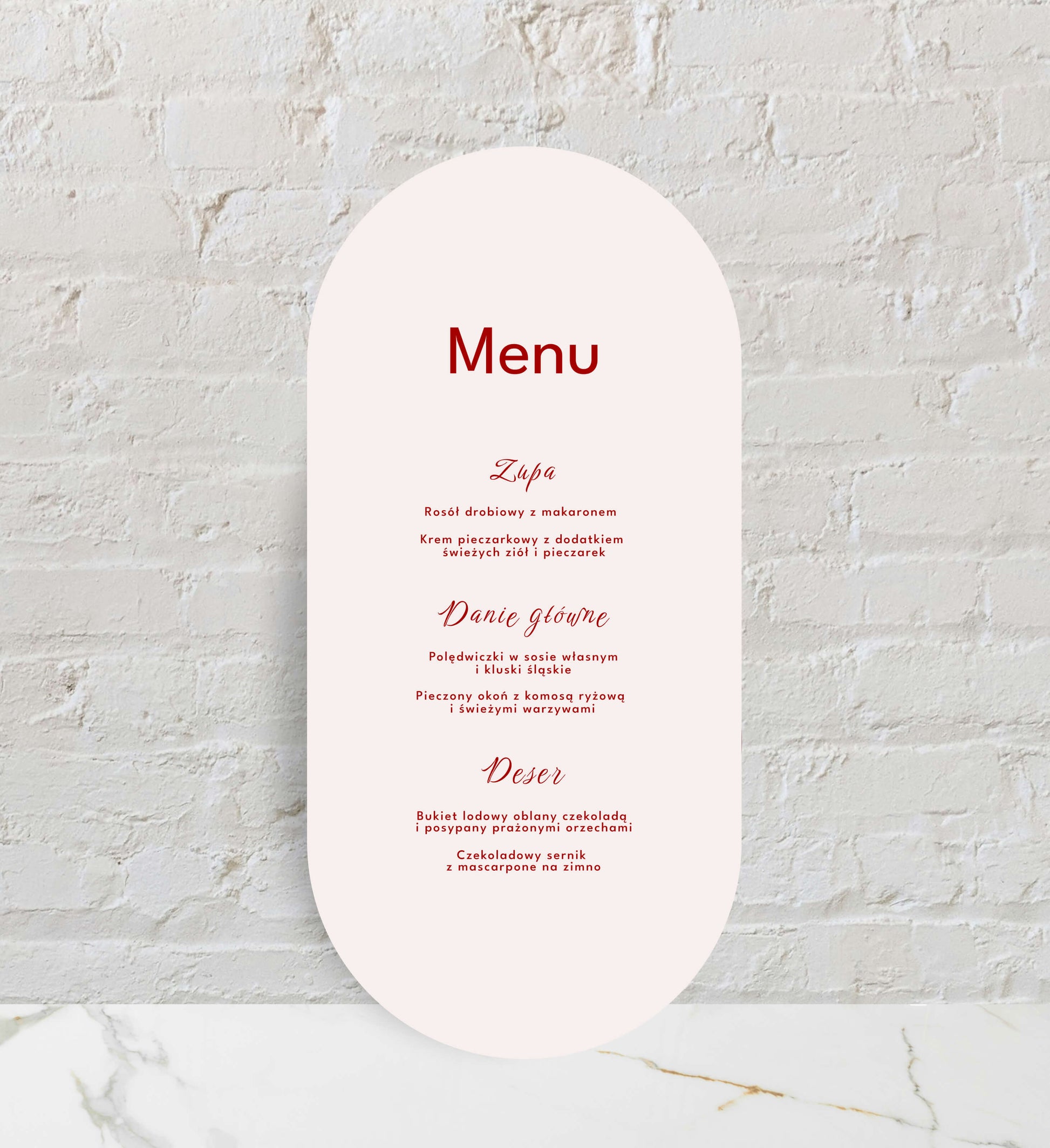 Menu ślubne jednokartkowe kremowe, subtelne, artystyczna forma, na papierze premium