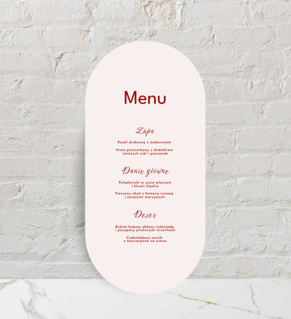 Menu ślubne jednokartkowe kremowe, subtelne, artystyczna forma, na papierze premium
