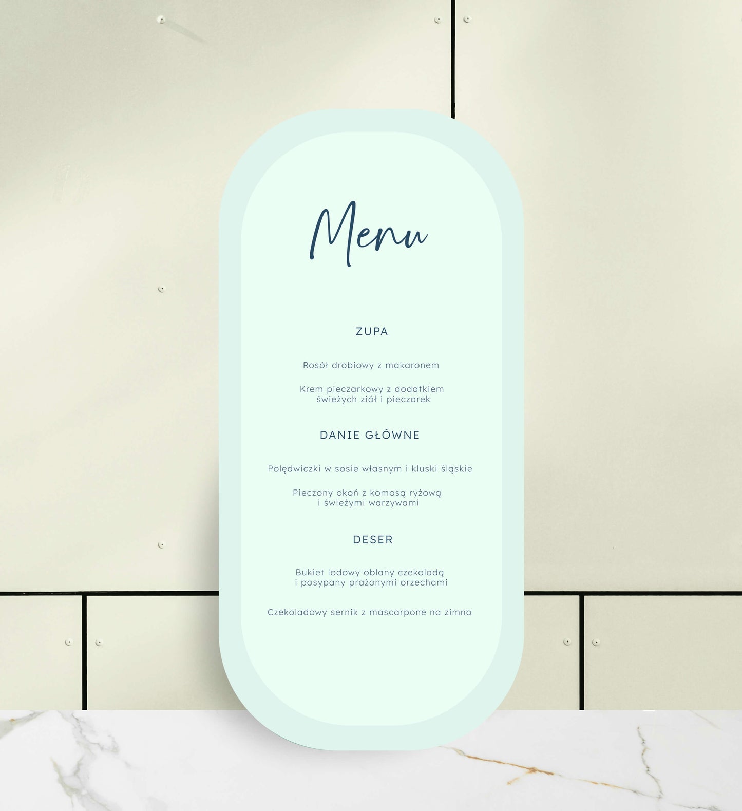 Menu ślubne jednokartkowe minimalistyczne, zielone, w nowoczesnym kształcie na papierze premium