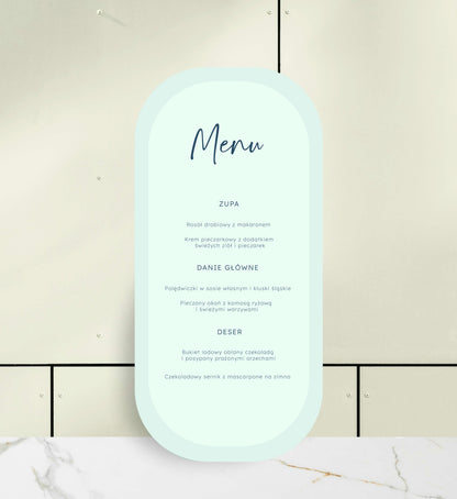 Menu ślubne jednokartkowe minimalistyczne, zielone, w nowoczesnym kształcie na papierze premium