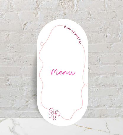 Menu weselne składane, białe, nowoczesny design, o owalnym kształcie na papierze premium