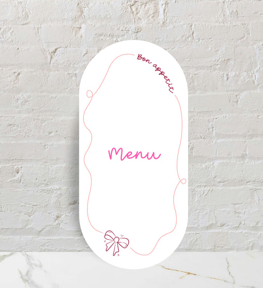 Menu weselne składane, białe, nowoczesny design, o owalnym kształcie na papierze premium