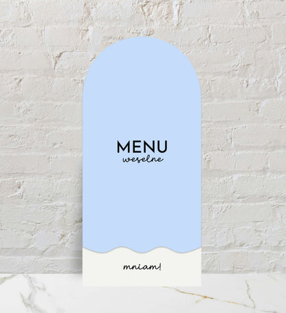 Menu ślubne składane, błękitne, fantazyjne formy, idealne do ślubu na plaży, papier premium