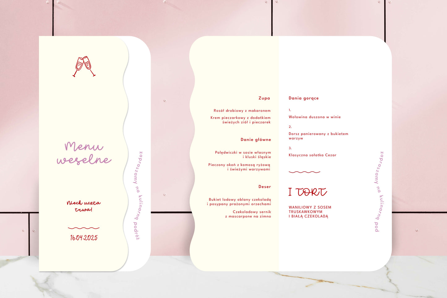 Menu ślubne składane, falowane brzegi, oryginalne, papier premium