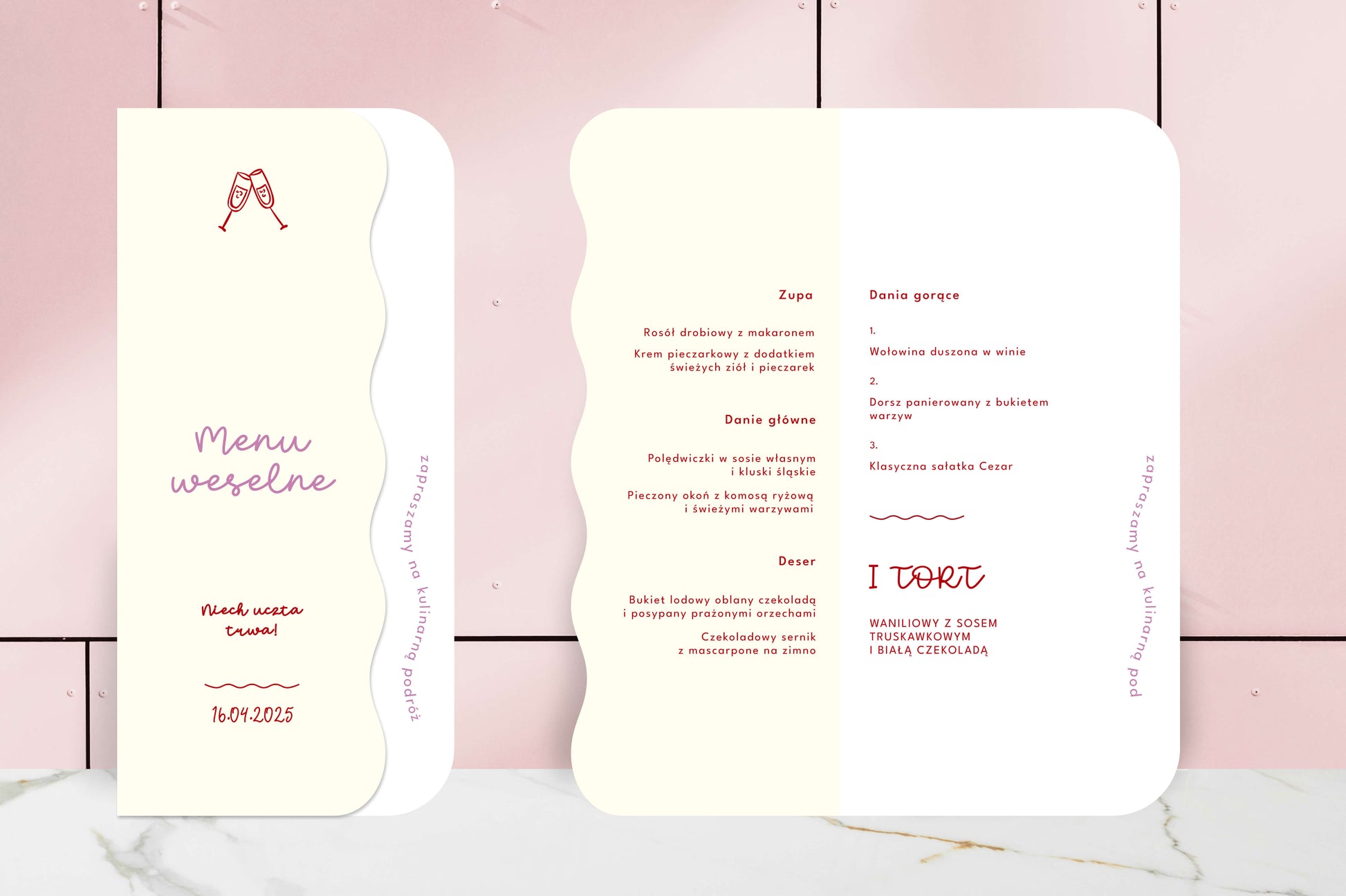 Menu ślubne składane, falowane brzegi, oryginalne, papier premium
