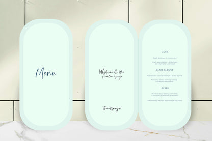 Menu ślubne składane, nowoczesny kształt, zielone, minimalistyczne na papierze premium