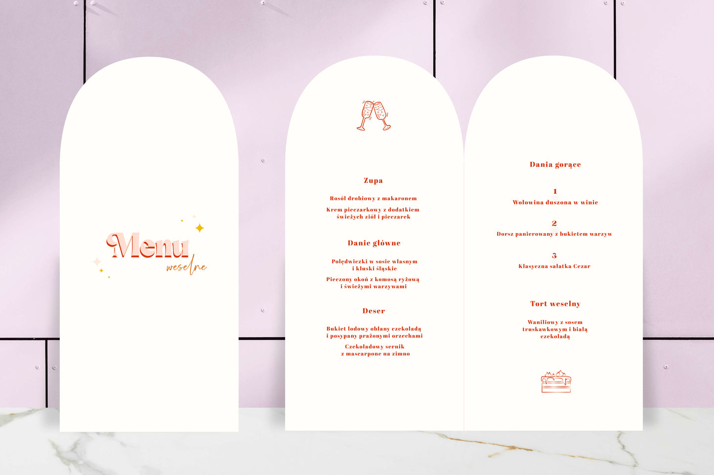 Menu ślubne składane z oryginalnym wzorem, o owalnym kształcie, na papierze premium