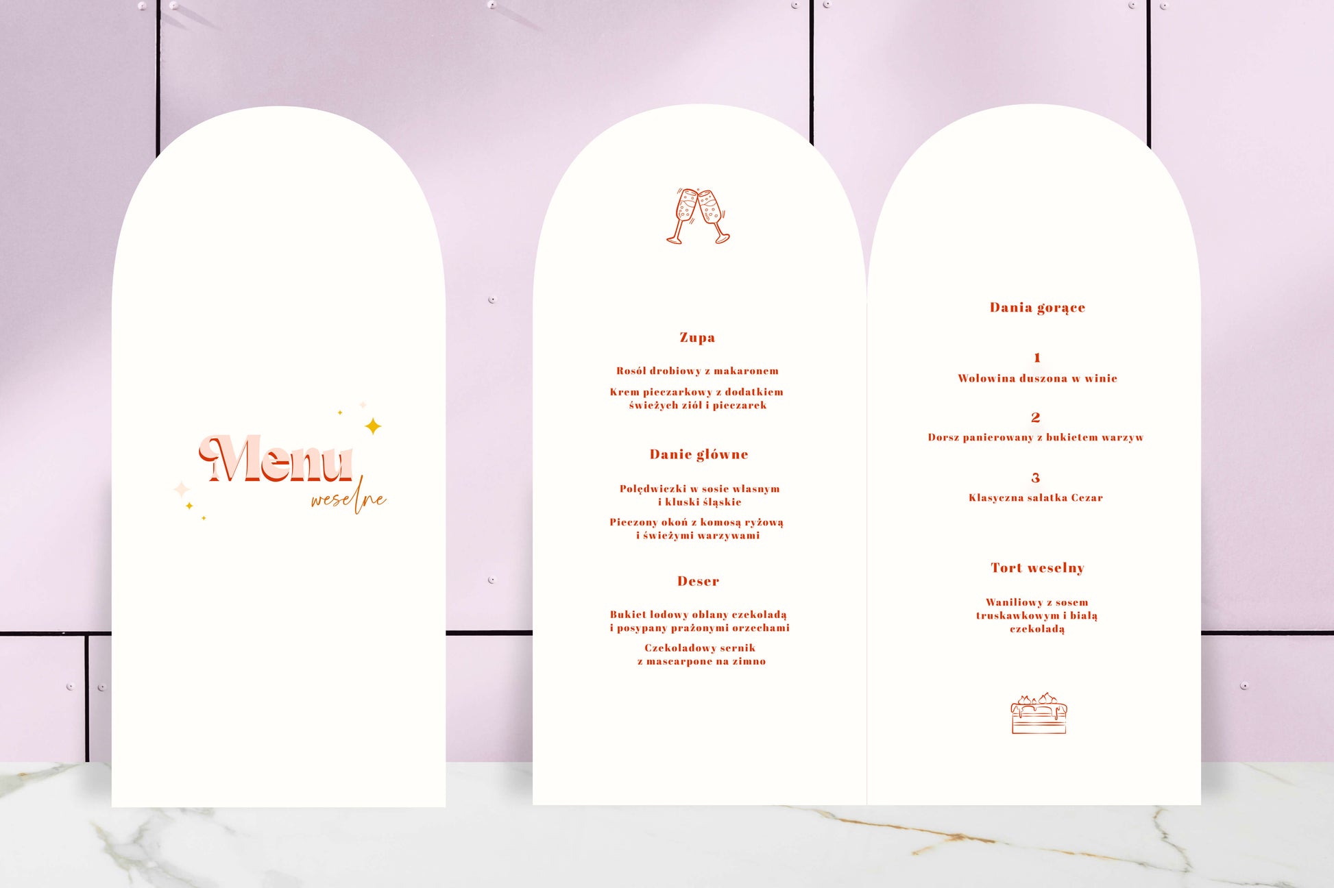 Menu ślubne składane z oryginalnym wzorem, o owalnym kształcie, na papierze premium