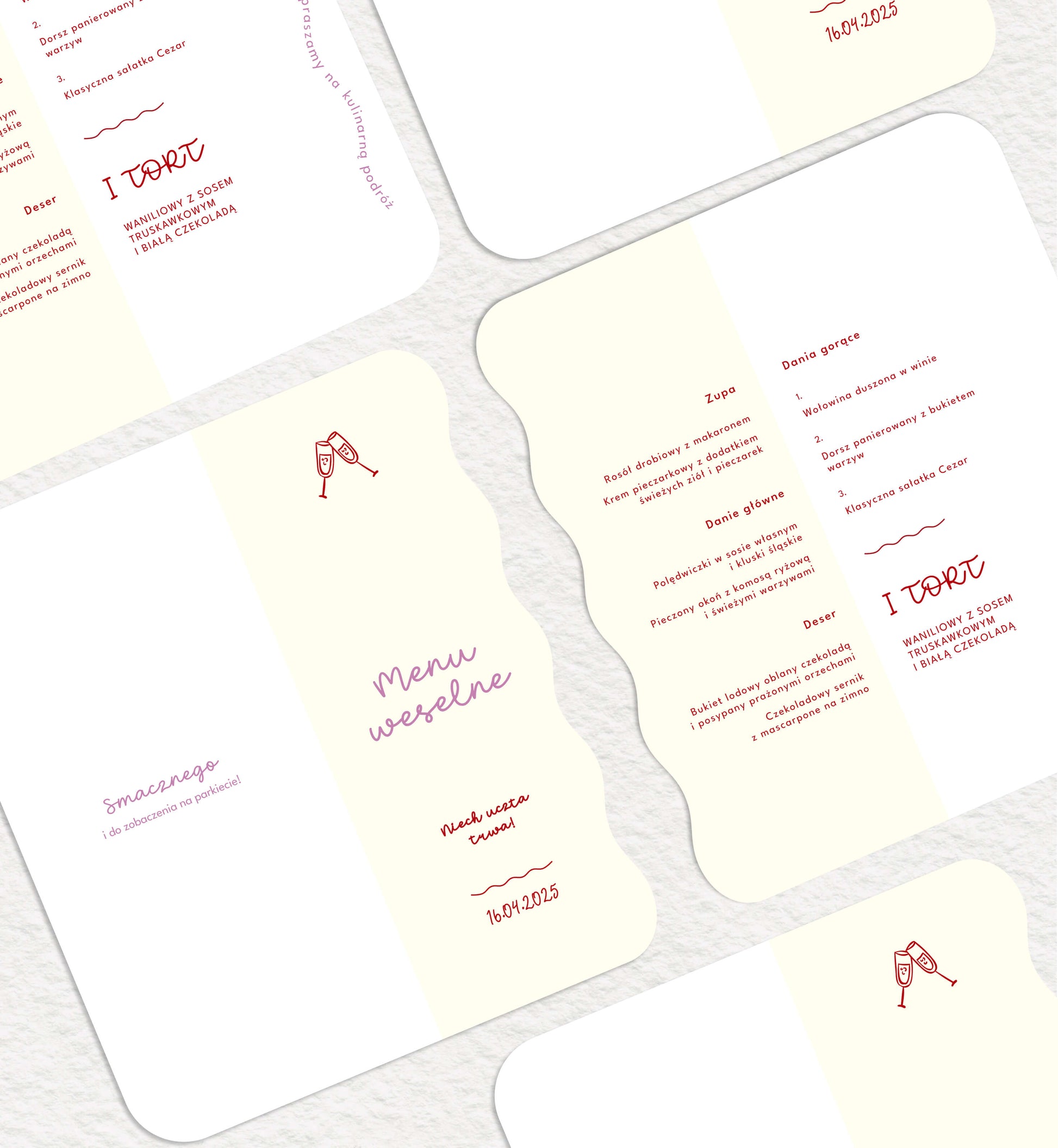 Menu ślubne składane, fantazyjne, falowane brzegi, papier premium