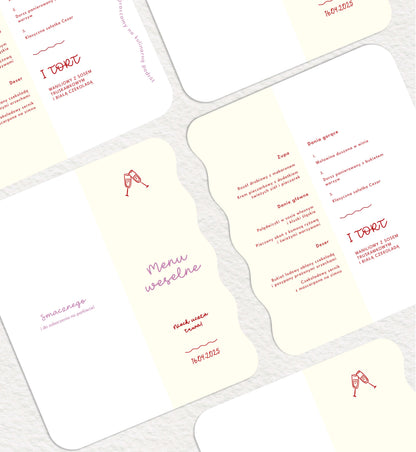 Menu ślubne składane, fantazyjne, falowane brzegi, papier premium