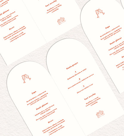 Menu ślubne składane z oryginalnym wzorem o owalnym kształcie, artystyczne, na papierze premium