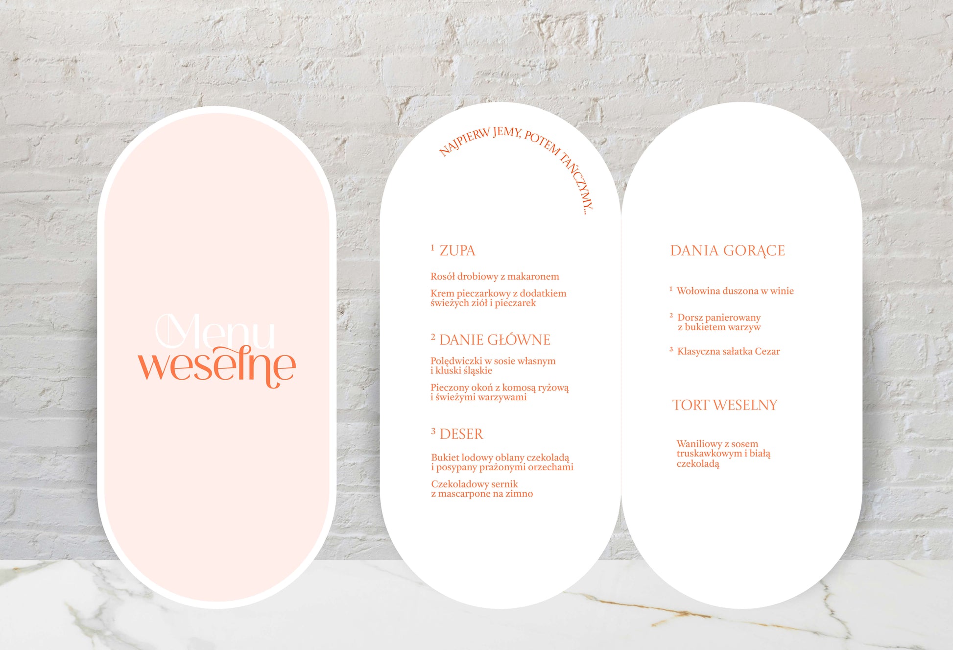 Menu ślubne składane, owalne kształty i żywe kolory, nowoczesne, artystyczne wykonanie, papier premium