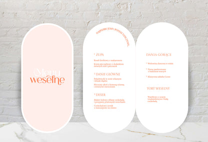 Menu ślubne składane, owalne kształty i żywe kolory, nowoczesne, artystyczne wykonanie, papier premium