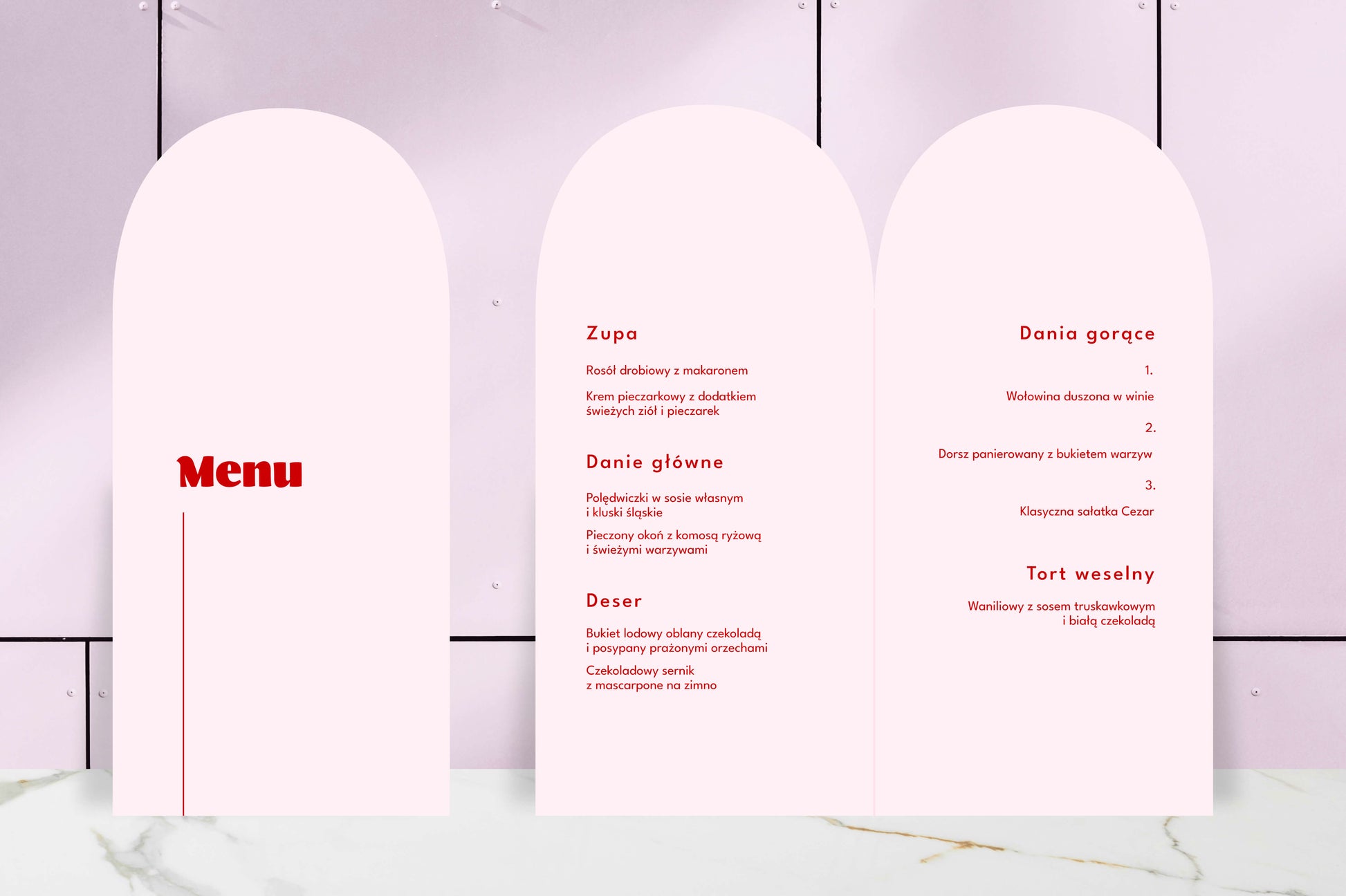 Menu ślubne składane, owalne, pastelowy róż, różowe, żywe kolory