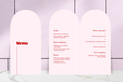 Menu ślubne składane, owalne, pastelowy róż, różowe, żywe kolory