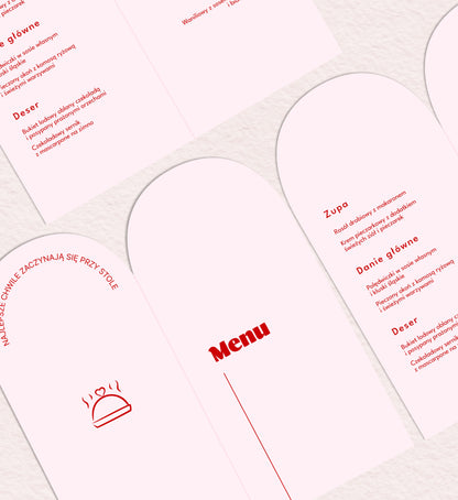 Menu ślubne składane, pastelowy róż, żywe kolory, nowoczesne 