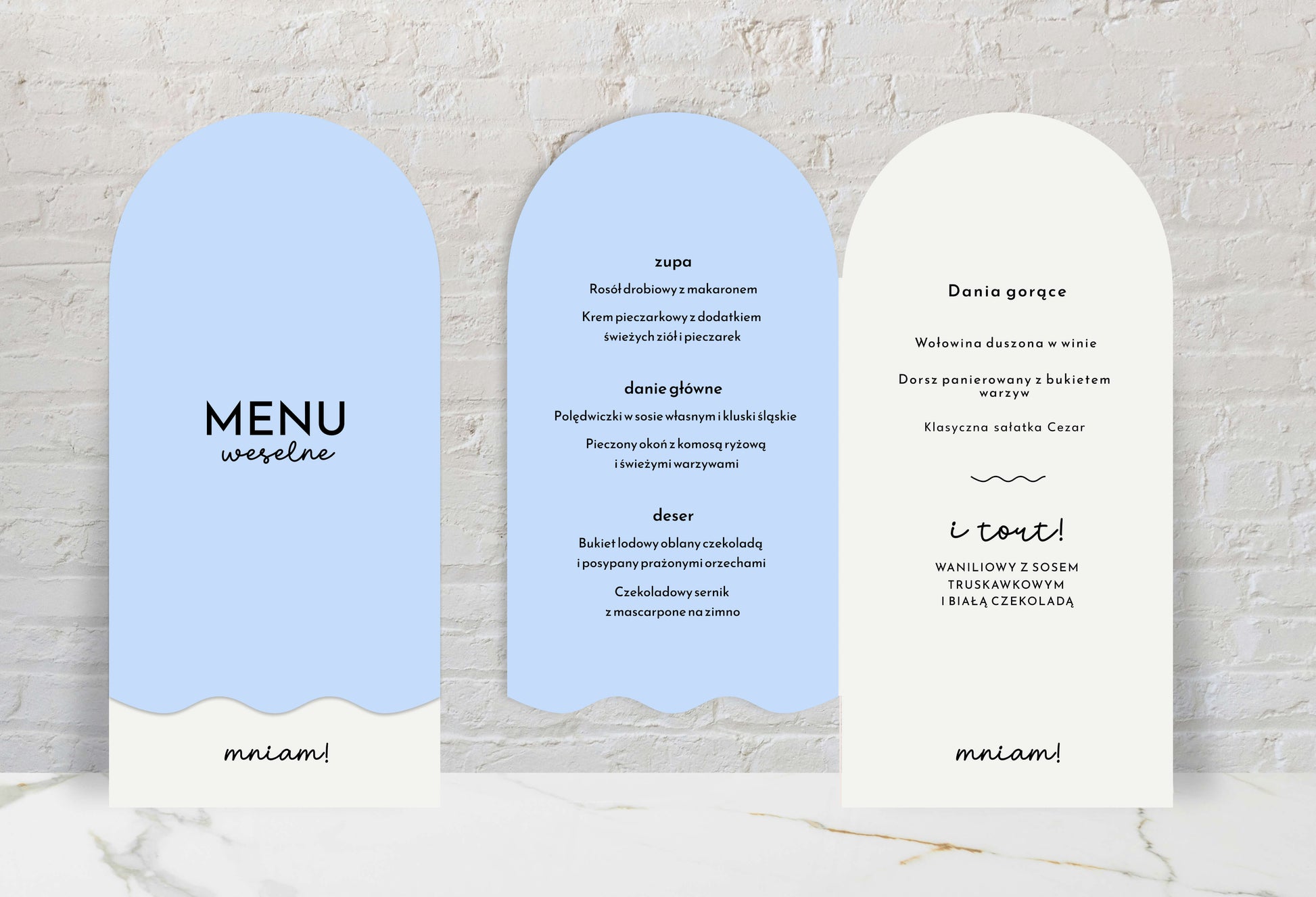 Menu ślubne składane, w błękitnej barwie z fantazyjnym wzorem, papier premium