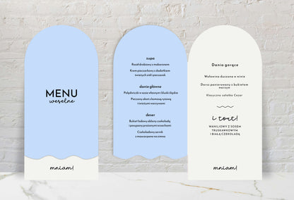 Menu ślubne składane, w błękitnej barwie z fantazyjnym wzorem, papier premium
