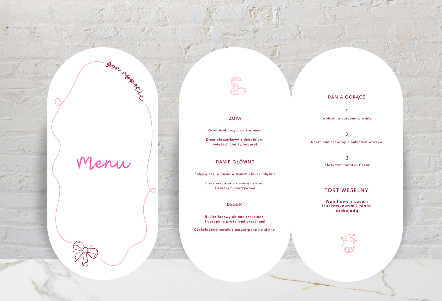 Menu weselne składane o nowoczesnym kształcie, z dekoracyjnym wzorem, na papierze premium
