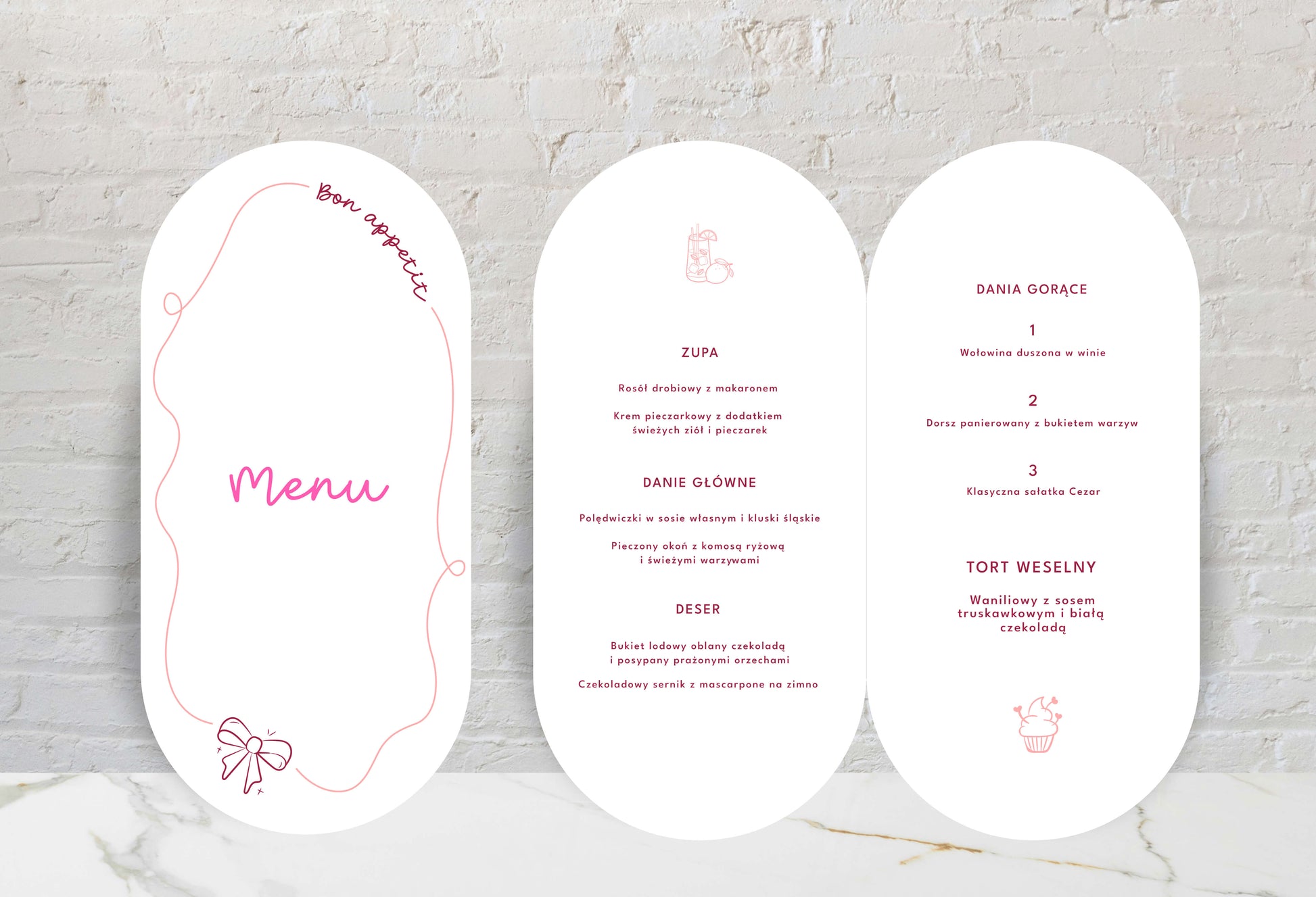Menu weselne składane o nowoczesnym kształcie, z dekoracyjnym wzorem, na papierze premium