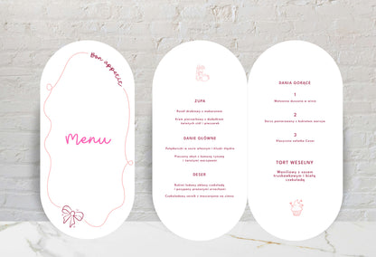 Menu weselne składane o nowoczesnym kształcie, z dekoracyjnym wzorem, na papierze premium