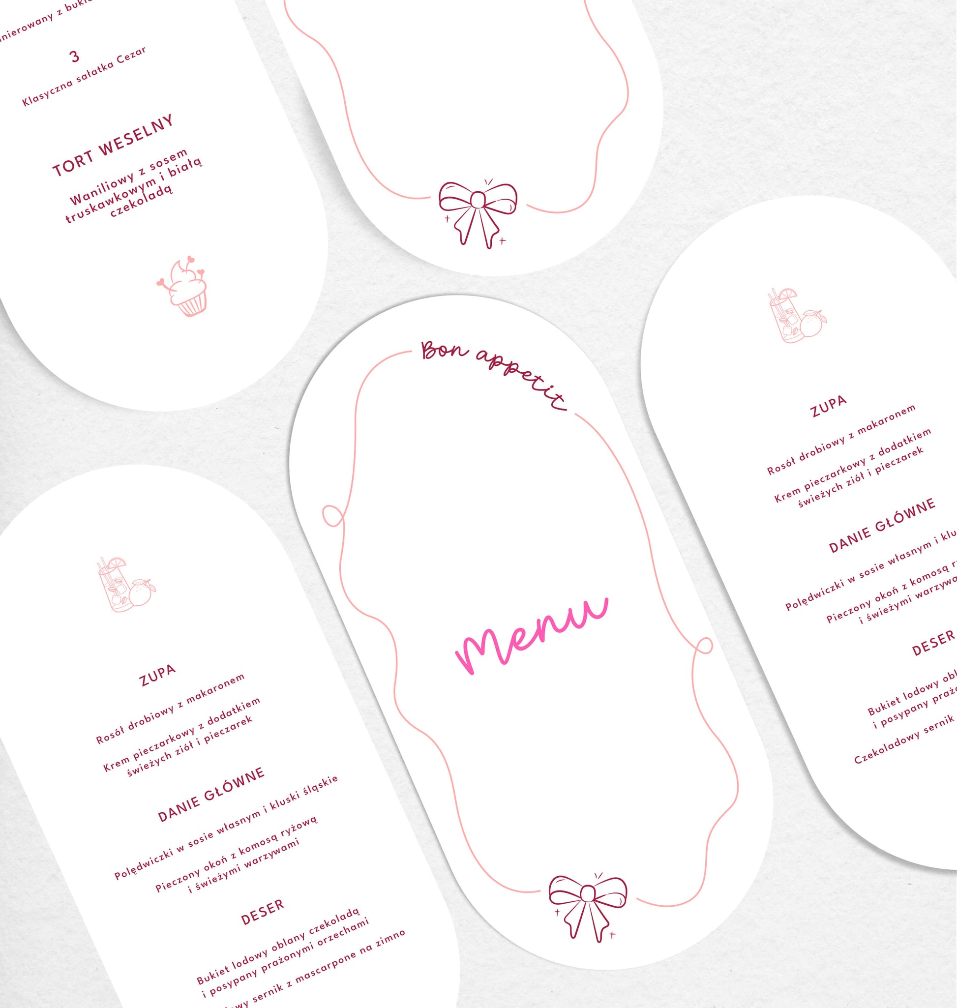 Menu weselne składane z nowoczesnym wzorem na białym papierze premium