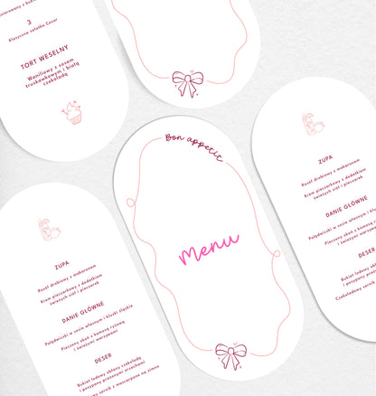 Menu weselne składane z nowoczesnym wzorem na białym papierze premium
