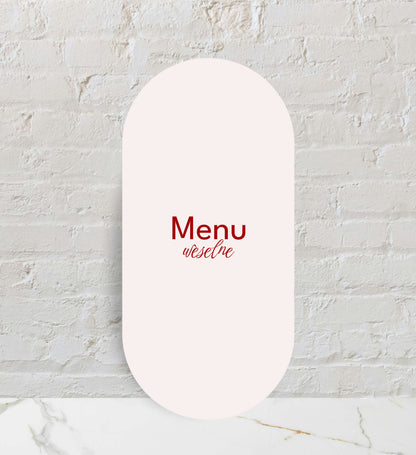 Menu weselne składane, owalne, nowoczesne formy, niebanalne czcionki, na papierze premium