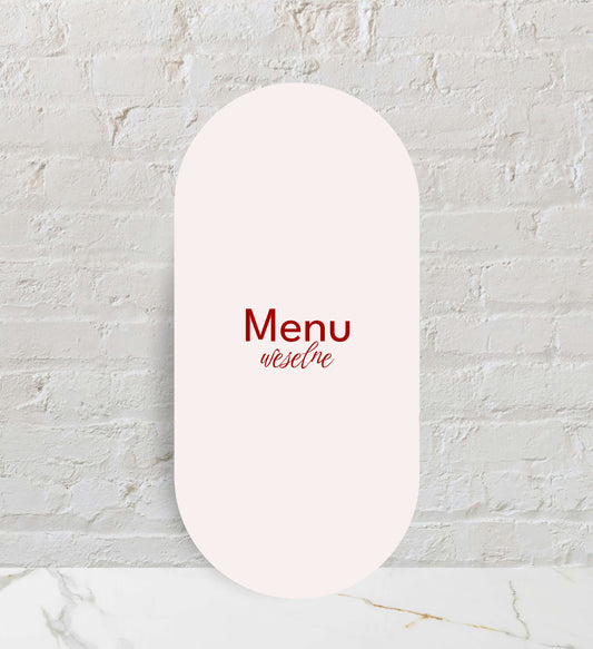 Menu weselne składane, owalne, nowoczesne formy, niebanalne czcionki, na papierze premium