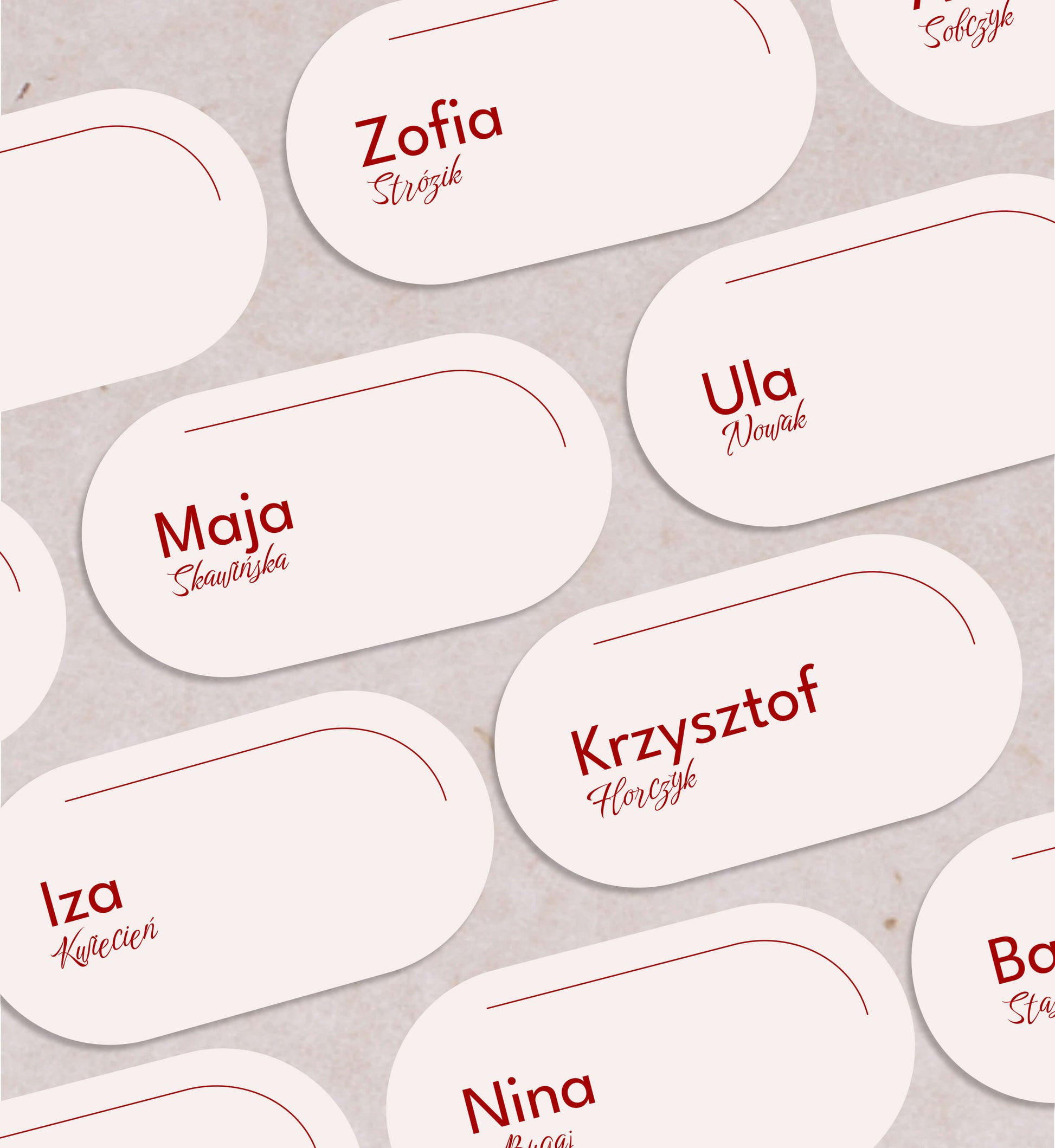 Winietki ślubne w nowoczesnym ksztalcie, kremowe, minimalistyczne wzory, papier premium