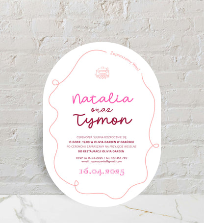 Zaproszenia ślubne białe, o owalnym kształcie i z fantazyjnym wzorem, na papierze premium